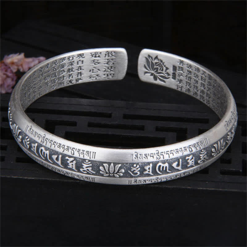Adjustable Sterling Silver Om Mani Padme Hum Lotus Peace Bracelet