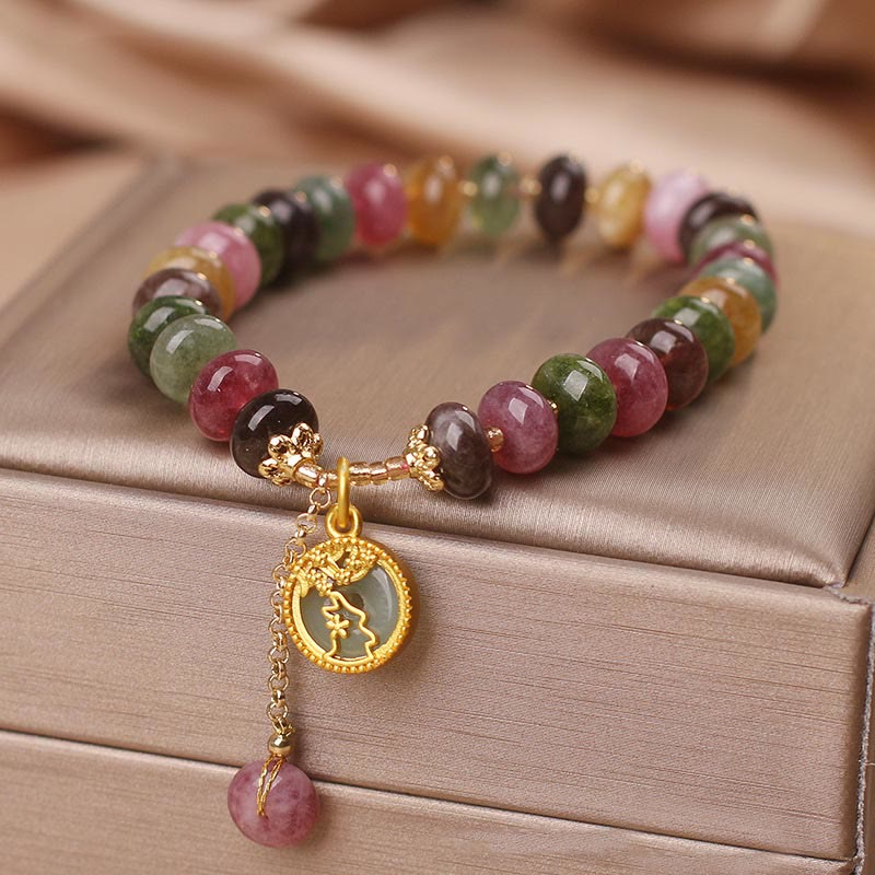 Bracelet d'amour en tourmaline colorée avec breloque fleur de lapin