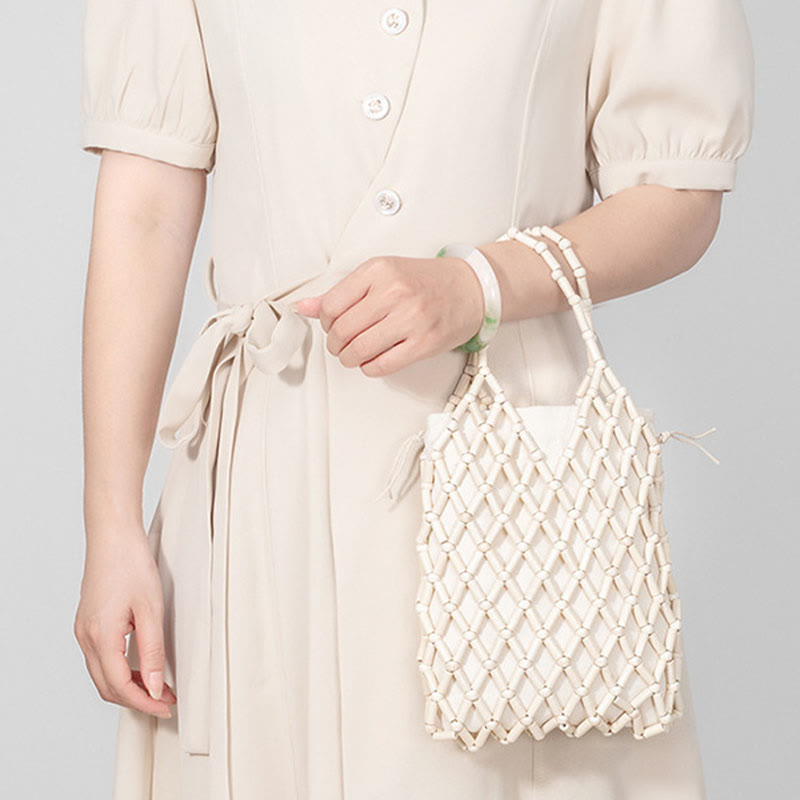 Sac en maille tissée à la main avec perles creuses en bois | Bijoux spirituels