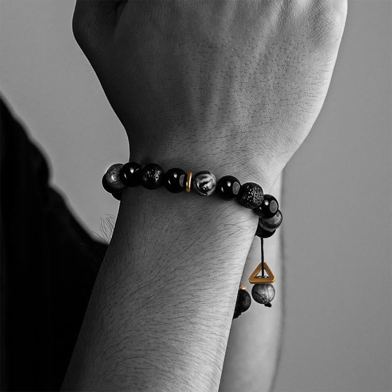 Bracelet Yin Yang en obsidienne noire et pierre de lave pour la force