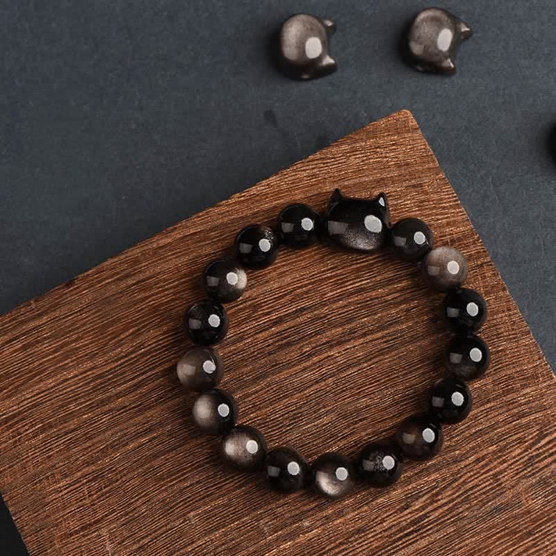 Gold Sheen Obsidian Lucky Cat Protection Bracelet