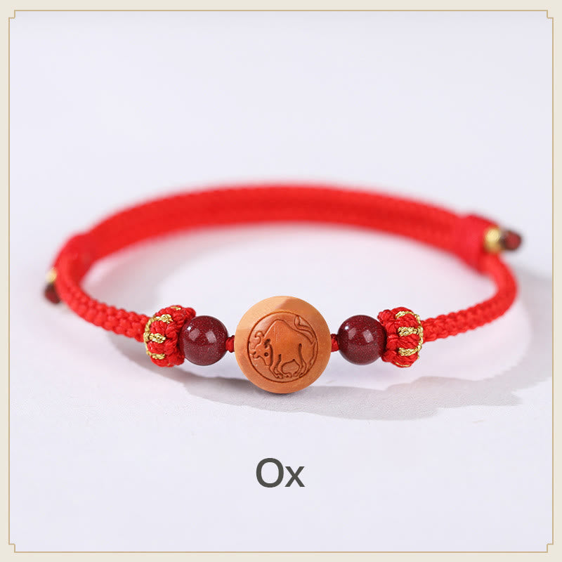 Bracelet de richesse en bois de pêcher naturel avec symbole du zodiaque chinois Fu et cinabre