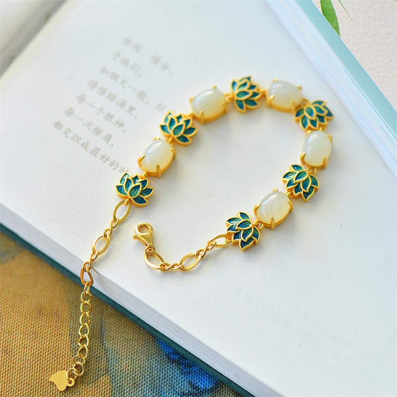 White Jade Cyan Jade Protection Bracelet Lotus Symbol