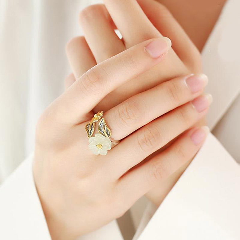 Bague porte-bonheur unisexe en jade blanc avec fleur de prunier en cuivre plaqué argent 925