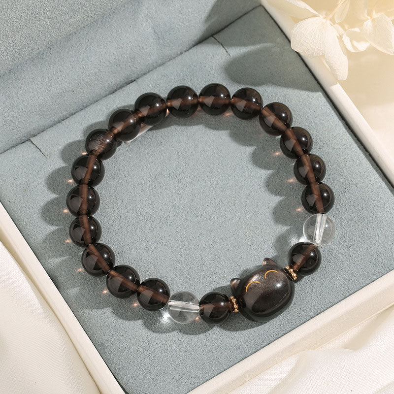 8mm Ice Obsidian Cat Charm Positive Unisex Bracelet
