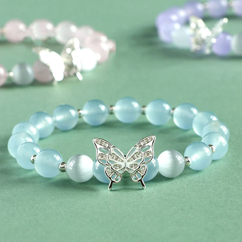 Bracelet spirituel énergétique en calcédoine bleue et papillon
