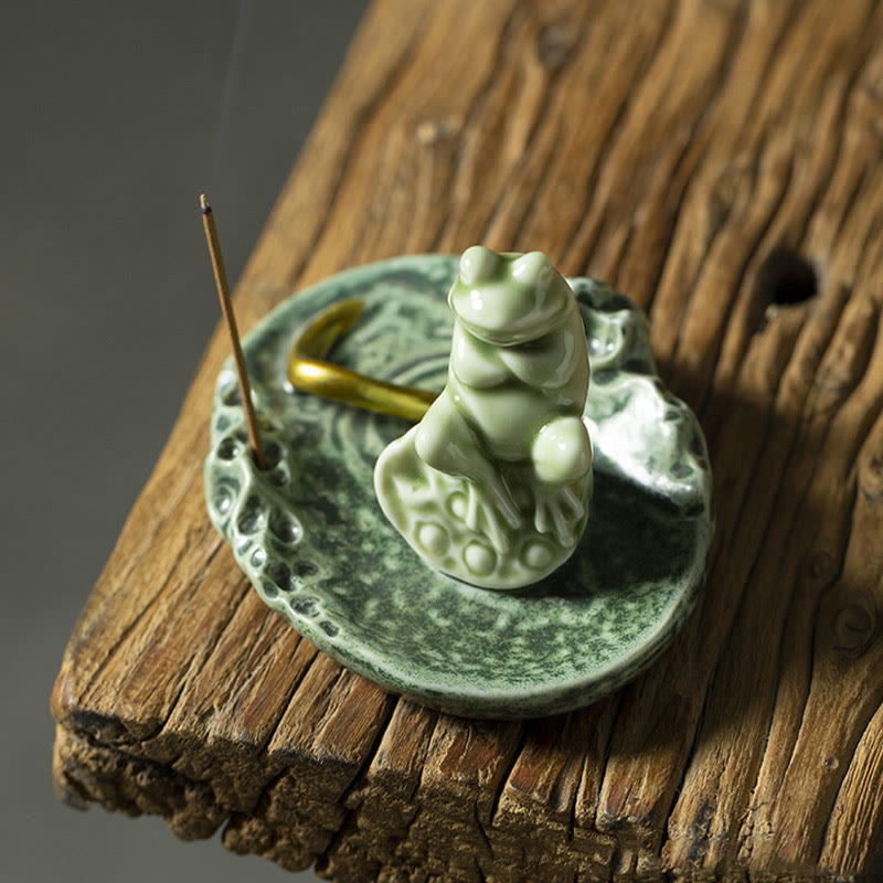 Ceramic Incense Burner | Lotus Leaf Meditation Frog 11cm