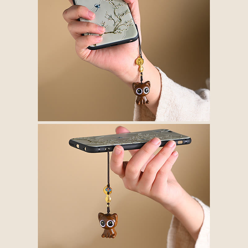 Porte-clés décoratif en forme de chat porte-bonheur en bois de santal vert