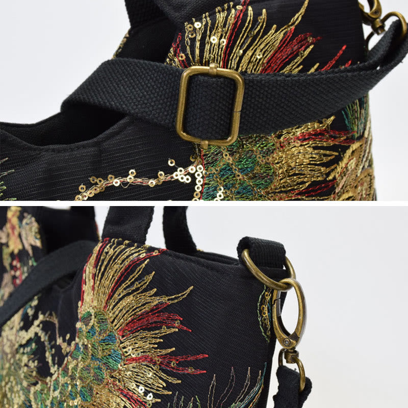 Sac fourre-tout brodé paon | Sac bandoulière en toile