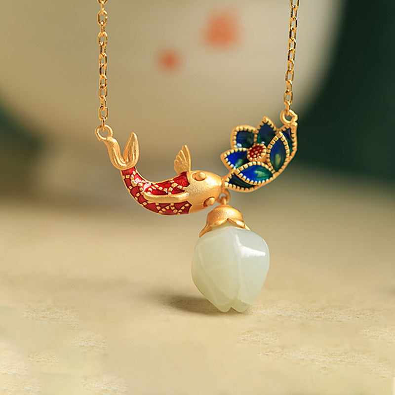 White Jade Koi Fish Lotus Protection Necklace Pendant
