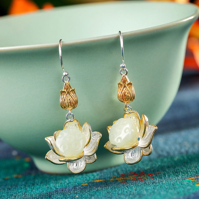 Boucles d'oreilles pendantes Lotus Harmonie Protection Jade Blanc