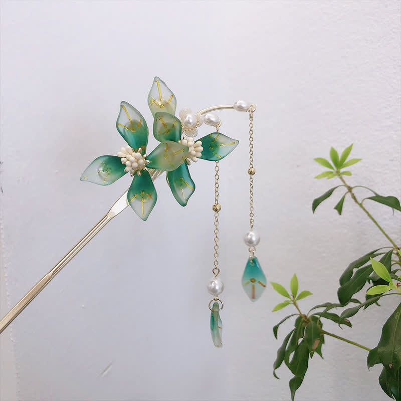 Épingle à cheveux à pompon en forme de fleur et de feuille de perle pour le calme et la richesse