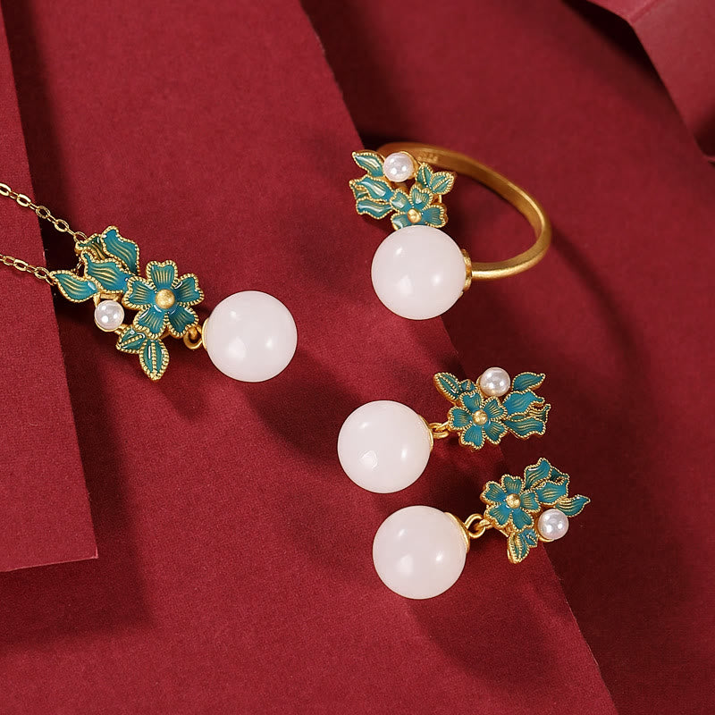 White Jade Silver Pearl Blessing Necklace Ring Earrings