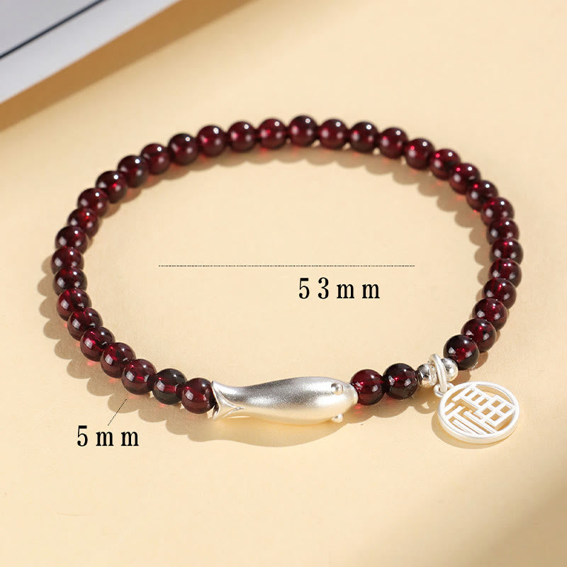 Bracelet de purification en grenat de 5 mm avec breloque poisson et Fu en argent sterling