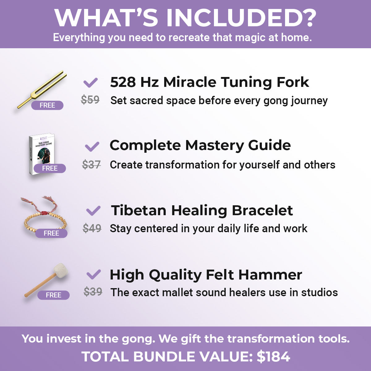 6 to 52 Chinese Wind Gong Instrument for Sound Bath - Included Accessories