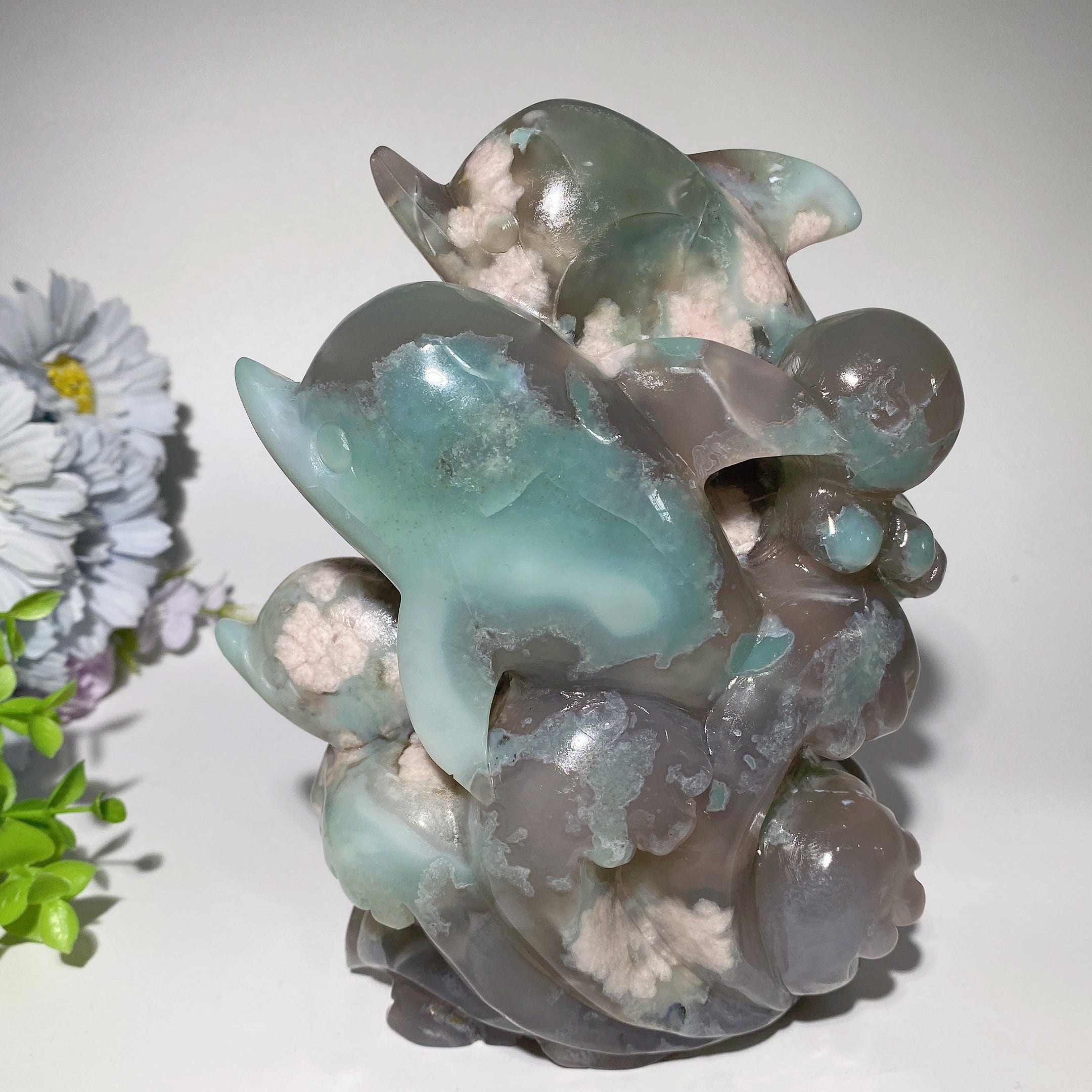 Sculpture de dauphin en cristal vert de 6,6 pouces