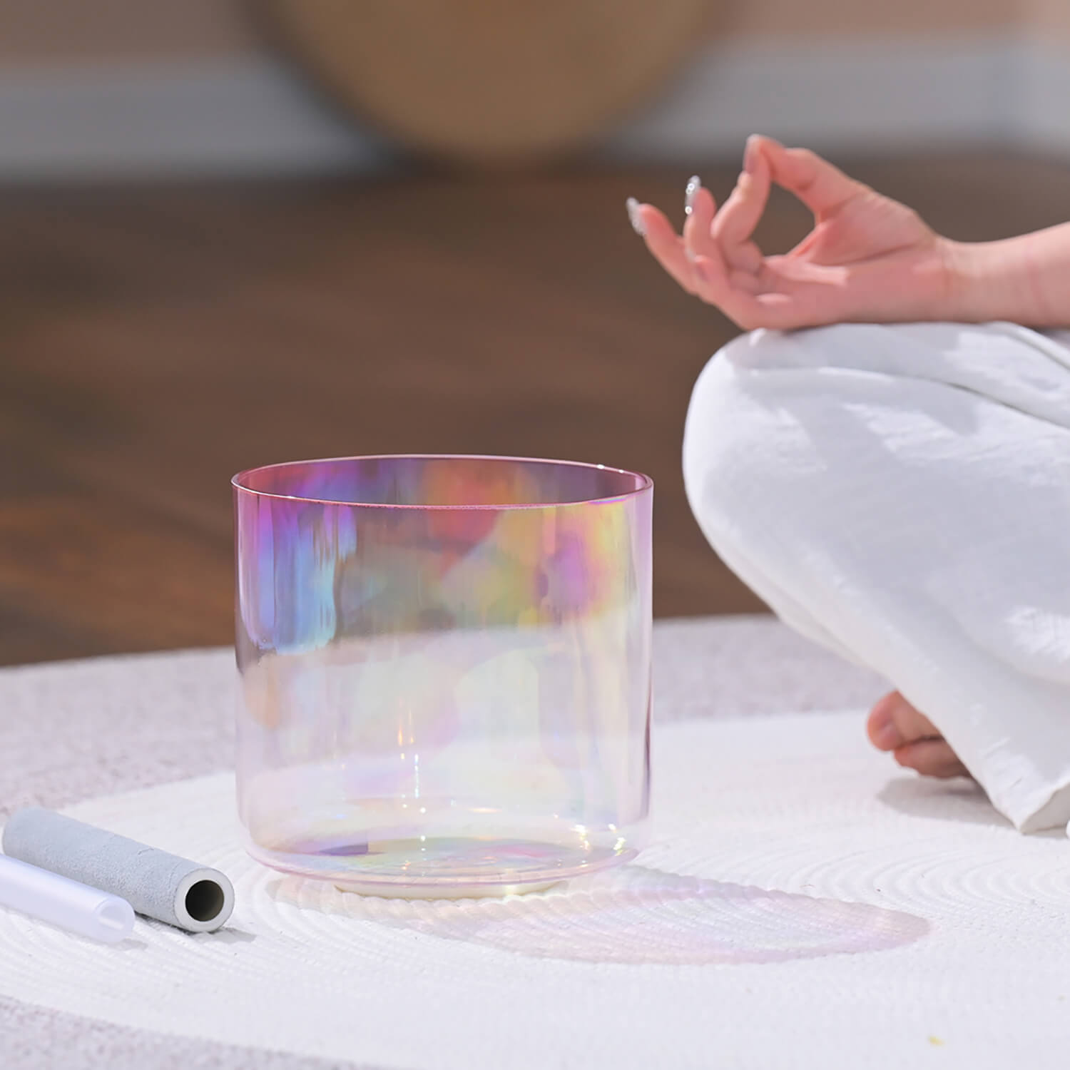 Iridescent Pink Aura Quartz Singing Bowl for Meditation with rainbow reflections
