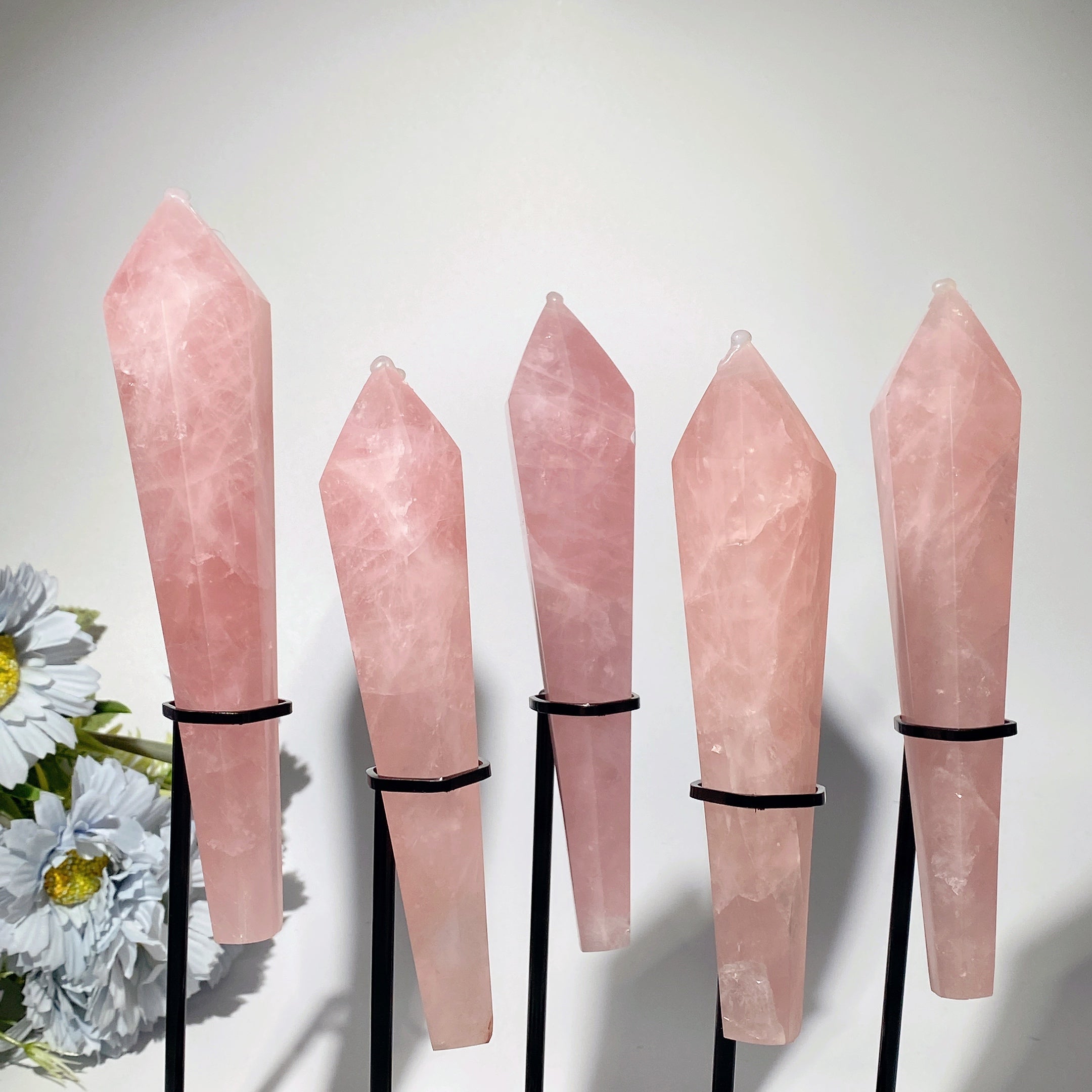 Baguette de cristal de guérison en quartz rose de 6 à 8 pouces avec support