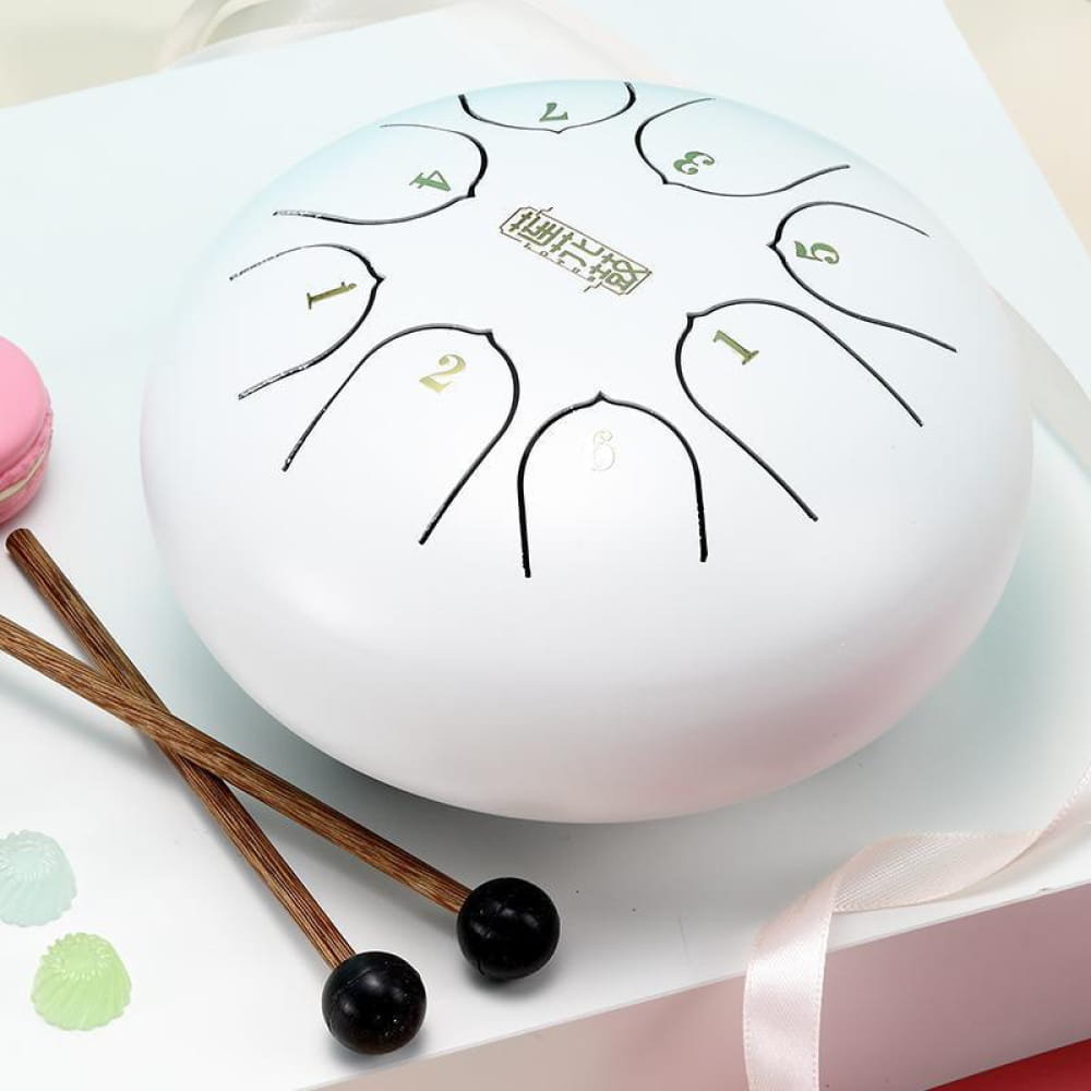 White steel tongue drum with numbered tones and mallets for 6 Carbon Steel Tongue Drum