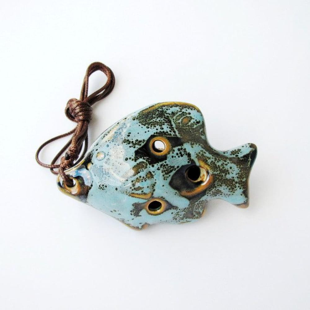 Light blue ceramic fish pendant with brown cord for 6 Hole Alto C Ocarina gift
