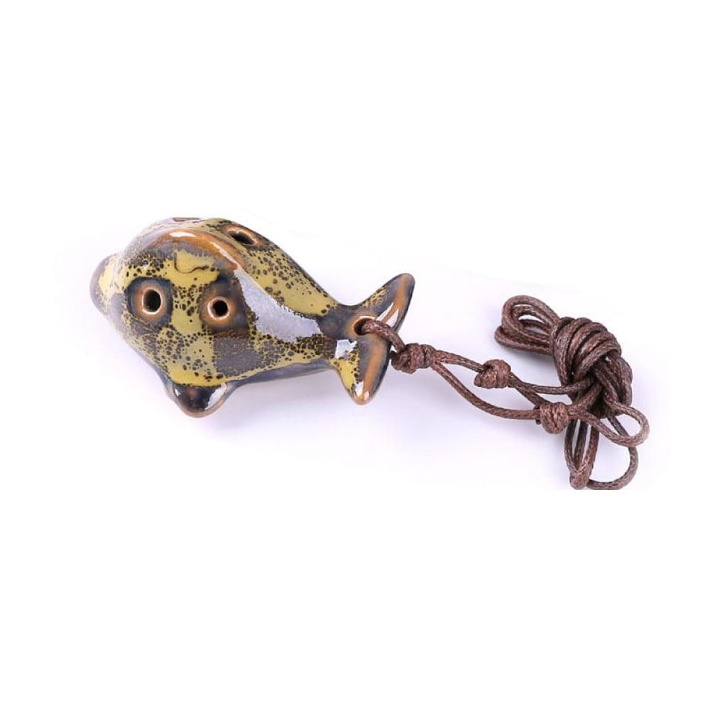 Decorative ceramic fish pendant with yellow accents on brown cord for Alto C Ocarina