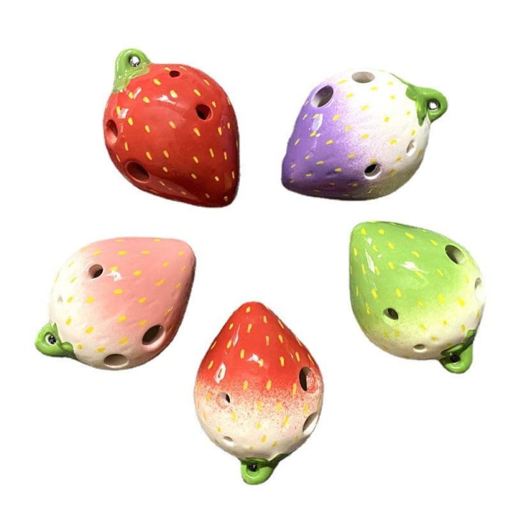 Colorful ceramic strawberry beads with holes and green leaves for Ocarina Pendant