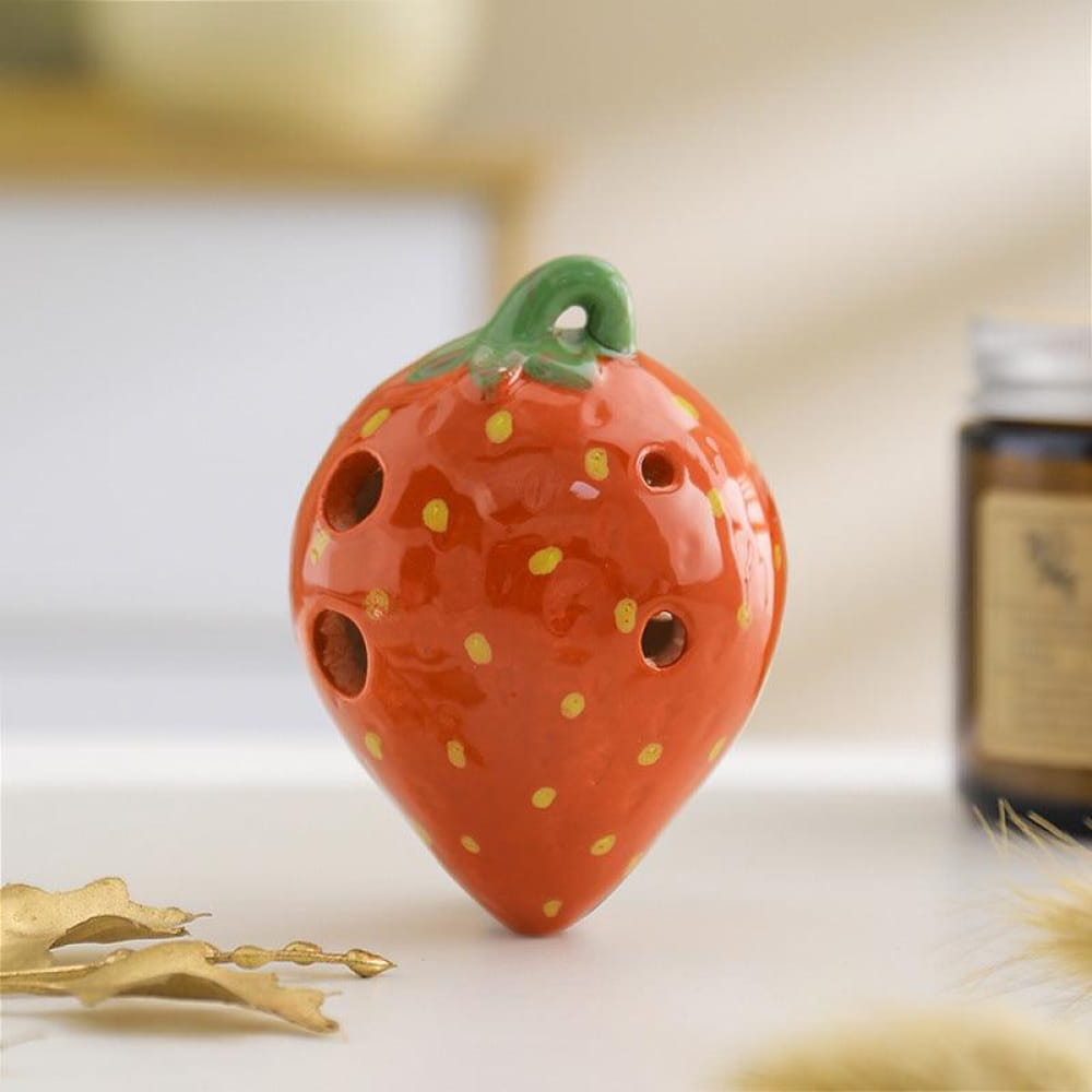 Ceramic strawberry ocarina pendant with 6 holes and green stem for beginners