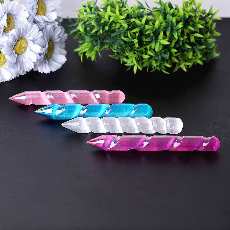 Baguette de guérison en cristal de sélénite spirale Aura de 6 pouces