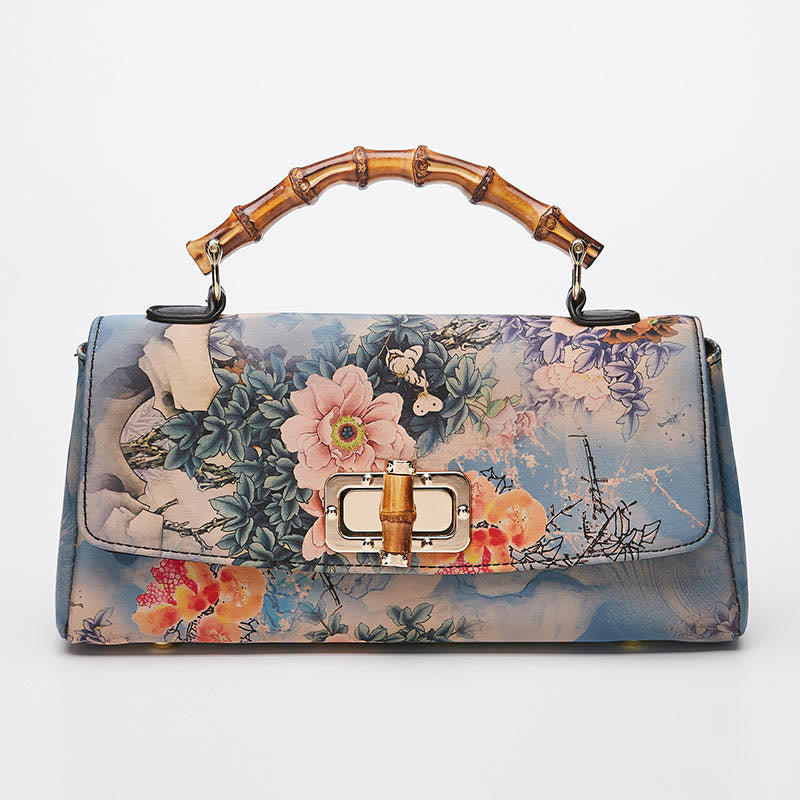 Sac bandoulière à motif floral avec poignée en bambou 29 cm