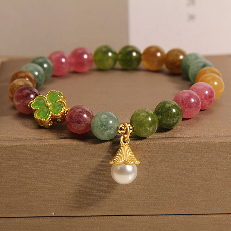 Bracelet de sagesse en tourmaline et trèfle à quatre feuilles