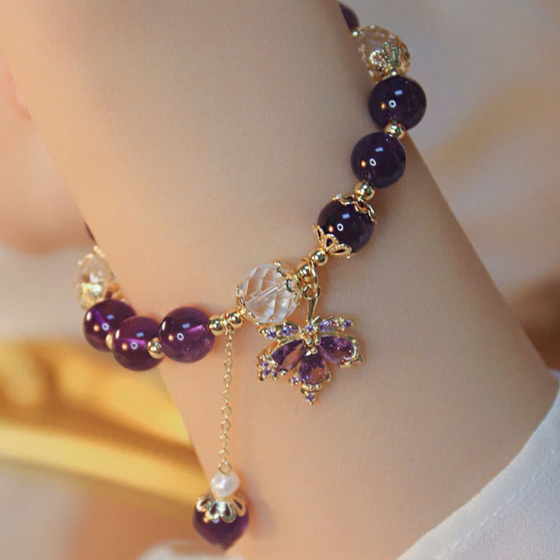 Bracelet de guérison en améthyste plaqué or 14 carats avec breloque feuille d'érable
