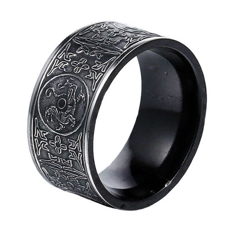 Bague Dragon sculptée à quatre bêtes gardiennes en acier titane