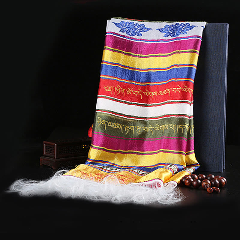 Multicolored Tibetan Khata Scarf 260x55cm Lotus Mantra Decoration