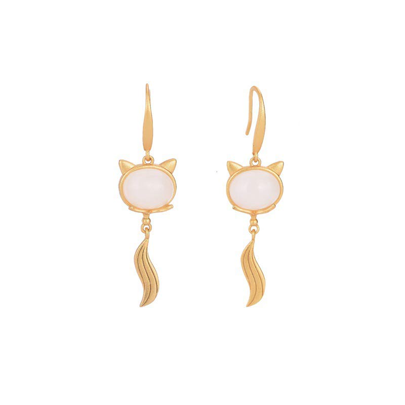 Boucles d'oreilles Feng Shui en jade blanc renard porte-bonheur, 45 mm