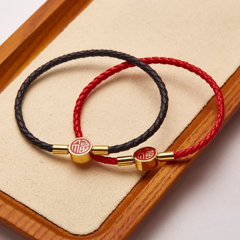 Bracelet en cuir à boucle avec personnage Fu pour la bonne fortune et la bénédiction