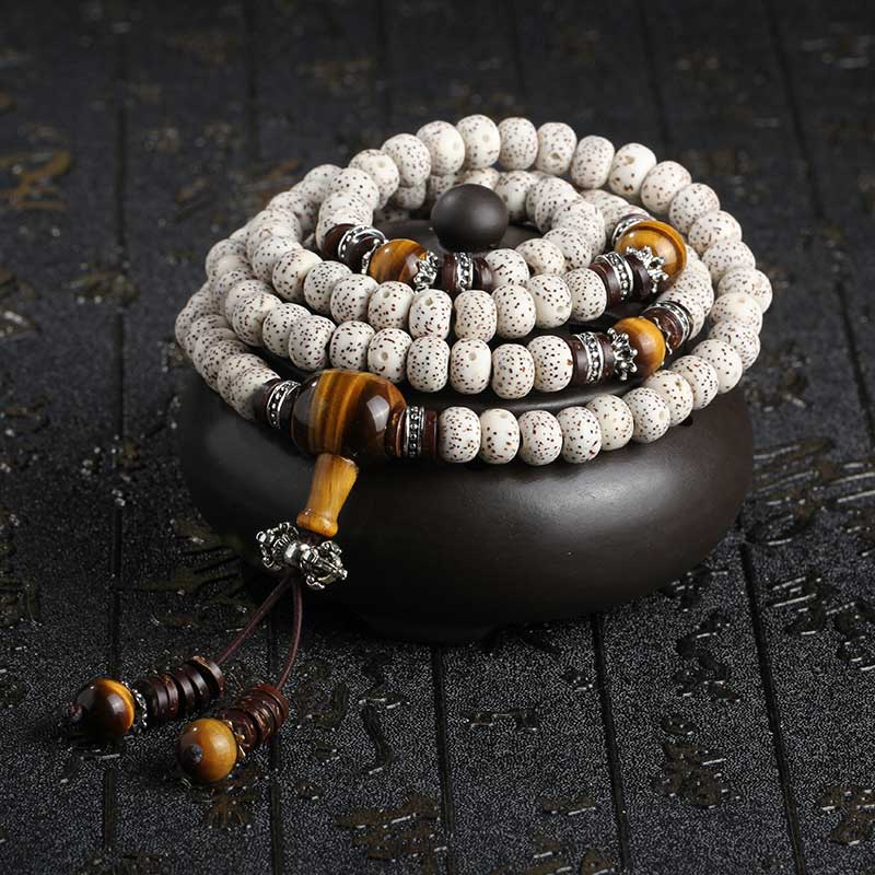 108 Beads Tiger Eye Bodhi Seed Bracelet 7x9mm Peace