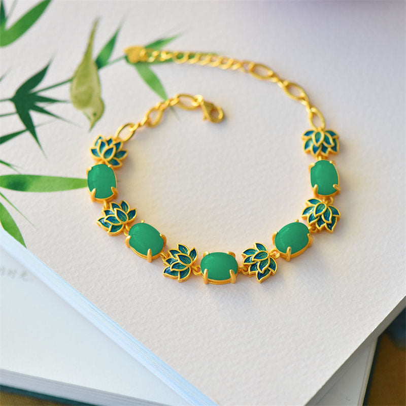 Bracelet de protection en jade blanc et jade cyan, symbole du lotus
