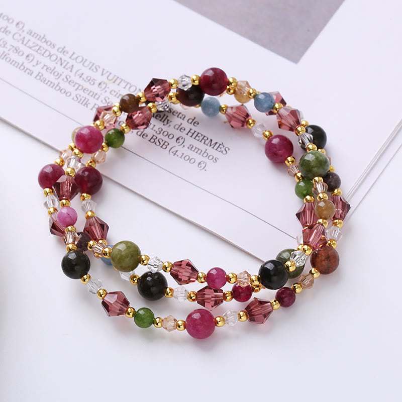 Double Wrap Amethyst Bracelet with Tourmaline & Strawberry Quartz for Peace