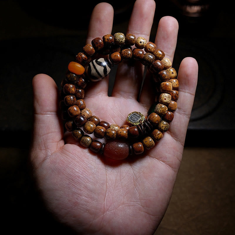Triple Wrap Agate Bracelet with Bodhi Seed & Amber Beads
