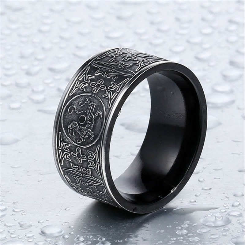 Bague Dragon sculptée à quatre bêtes gardiennes en acier titane