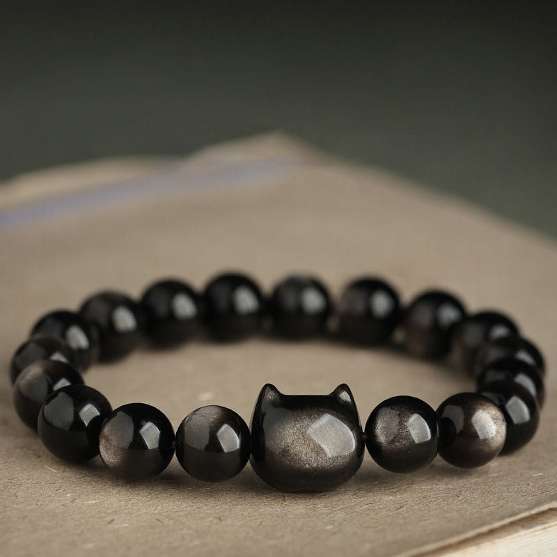 Gold Sheen Obsidian Lucky Cat Protection Bracelet 8mm