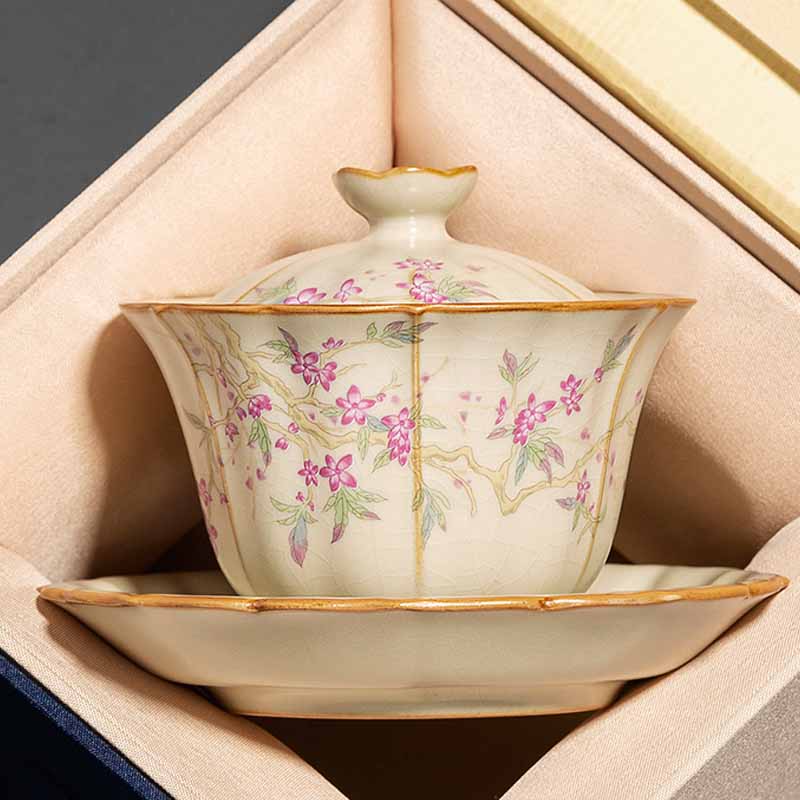 Service à thé Gaiwan en céramique beige à motif de fleurs de prunier, 120 ml