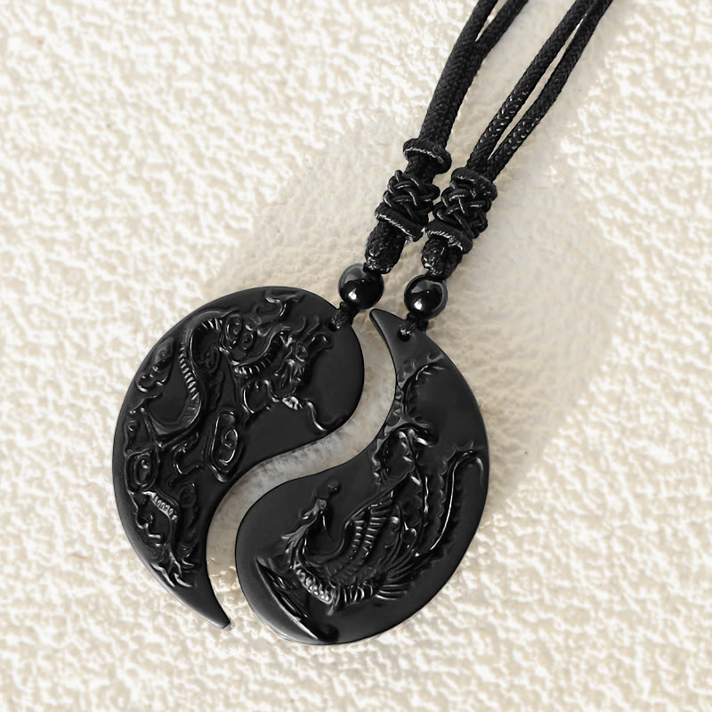 Collier Yin Yang Dragon Phénix en Obsidienne Noire