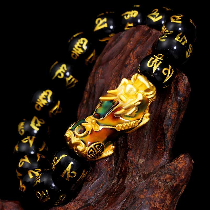 12mm Obsidian Pixiu Wealth Bracelet with Om Mani Padme Hum