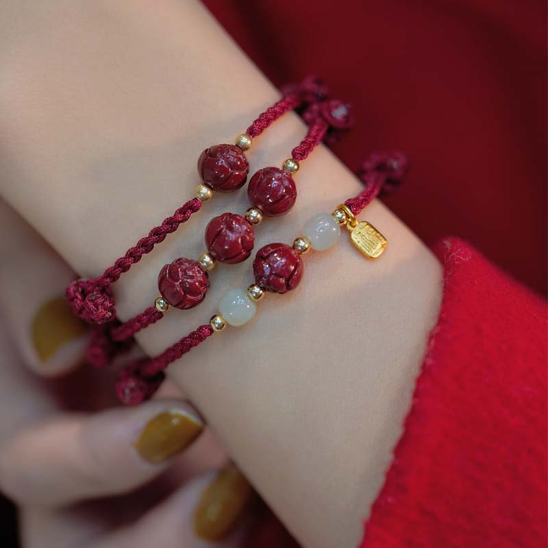 Adjustable Cinnabar Jade Red String Lotus Bracelet for Calm