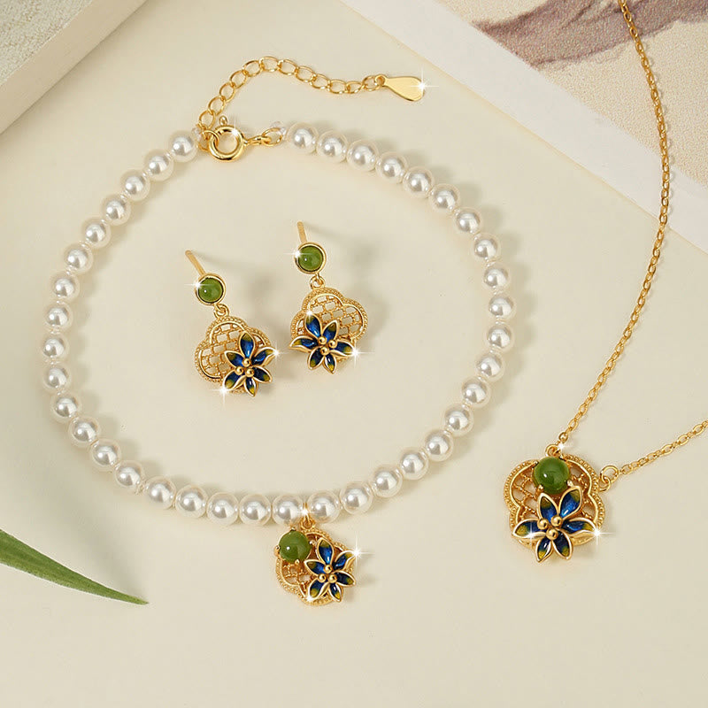 Hetian Cyan Jade Four Leaf Clover Jewelry Set | Healing Sounds