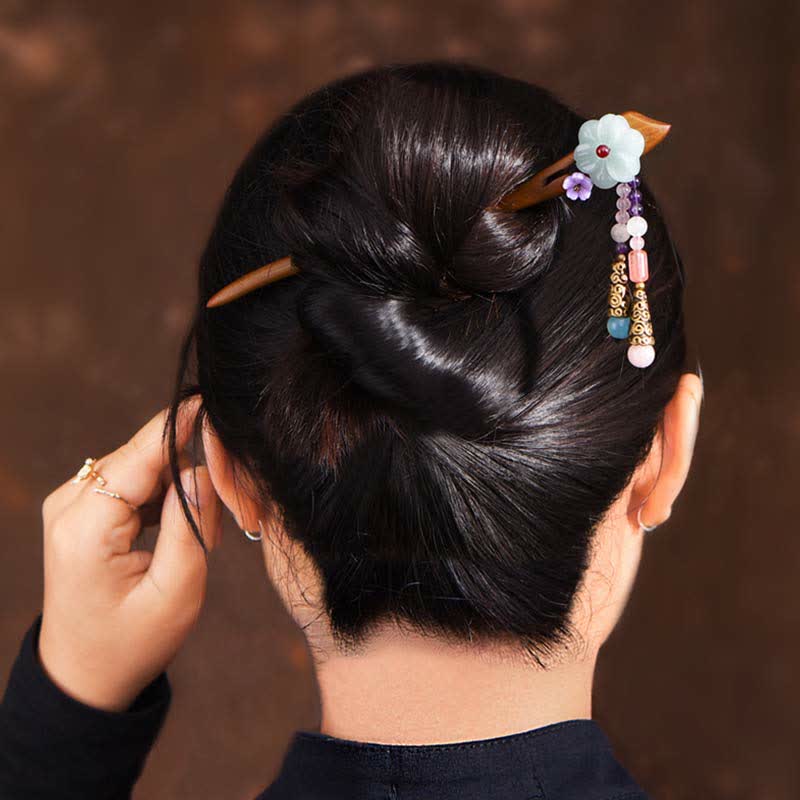 Épingle à cheveux de protection en bois de santal rouge, améthyste et aventurine, style chinois