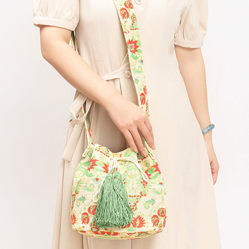Colorful Canvas Bucket Bag with Geometry Flowers Print
