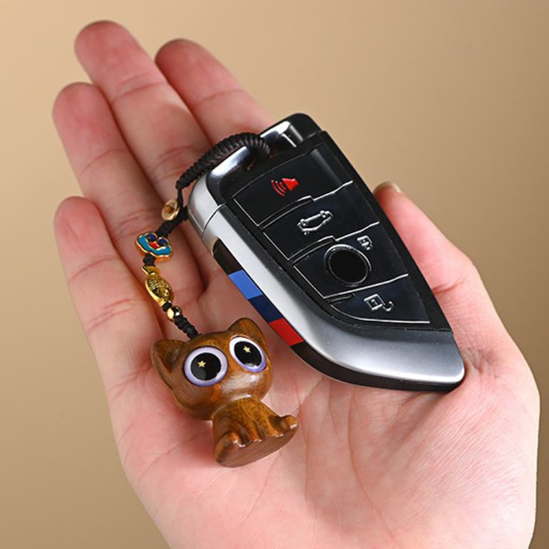 Porte-clés décoratif en forme de chat porte-bonheur en bois de santal vert