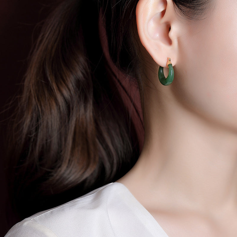 Boucles d'oreilles pendantes porte-bonheur en jade cyan Hetian plaqué or 23 mm